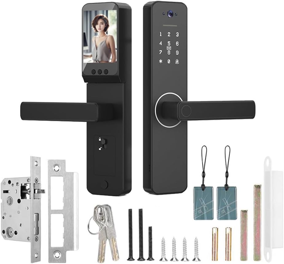 Splenssy Cerradura Inteligente Con Cmara Gran Angular de 120 y Timbre Inteligente, Cerradura De Puerta Con Huella Dactilar, Control Remoto App, Cerradura de Seguridad Wifi Para Puertas De Oficina,