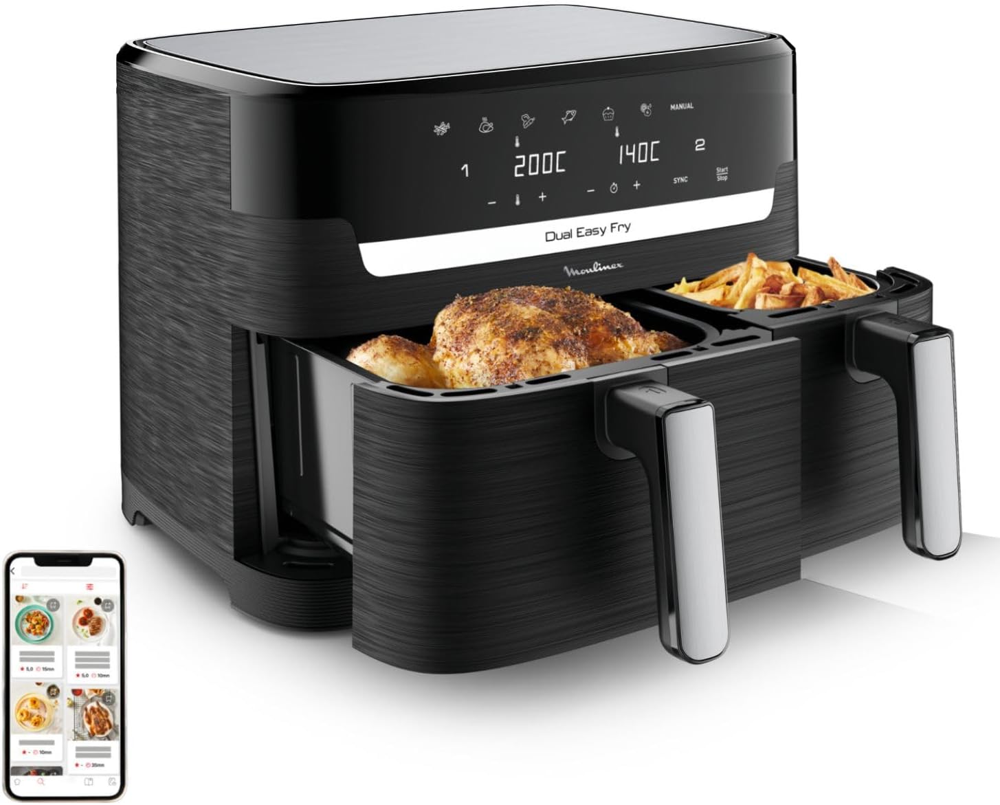 Moulinex Dual Easy Fry 8,3 L  Freidora de aire dual, ahorro energtico de hasta 70%, capacidad de 5,2 L y 3,1 L, 7 programas, resultados crujientes, apto lavavajillas, recetario digital, EZ9018