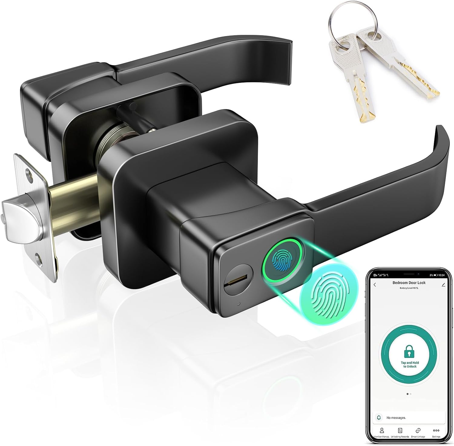 FITNATE Cerradura Inteligente para Puerta, Cerradura de Manija con Control de APP(Tuya), Bluetooth, Huella Digital, Cerradura Electrnica, Cerradura para Dormitorio, Casa, Hotel, Oficina, Negro