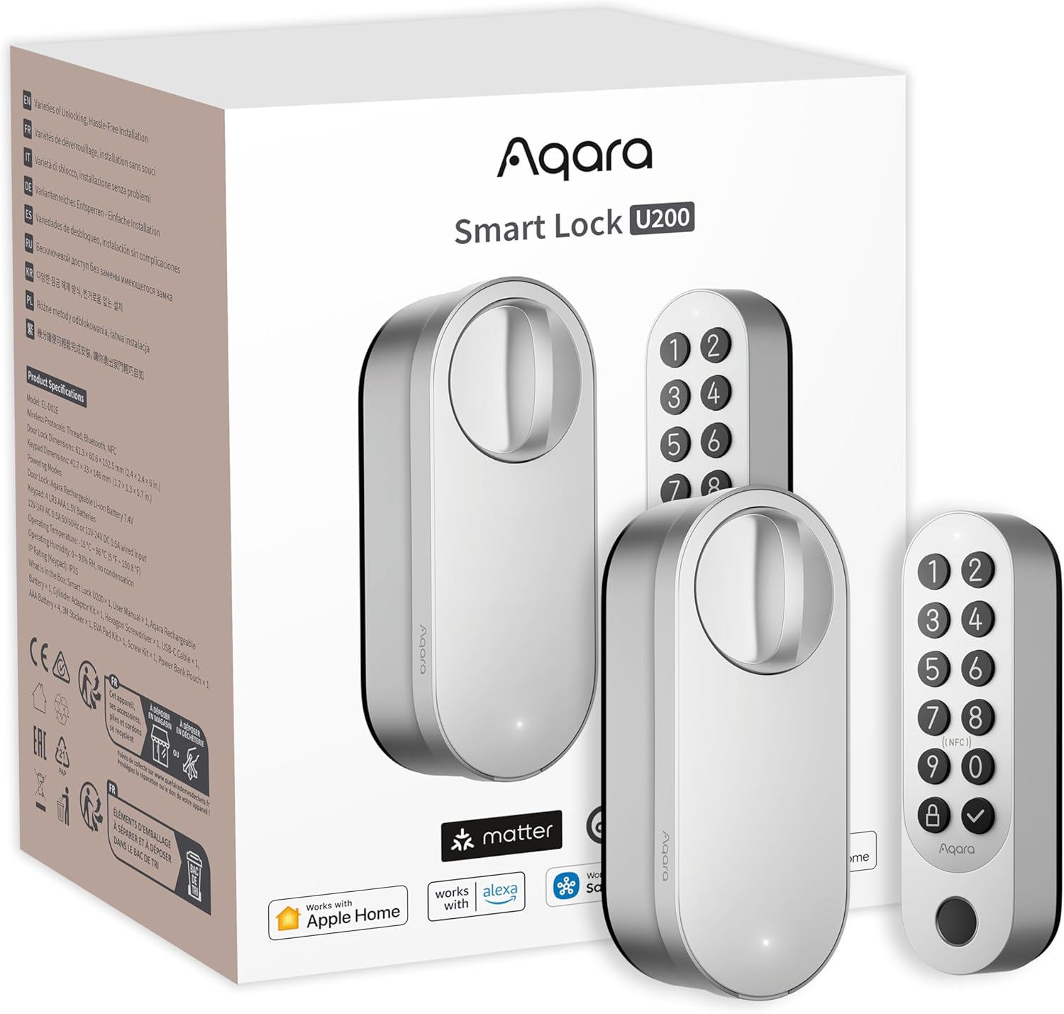 Aqara Cerradura Inteligente U200 con lector de huella digital, Matter over Thread, Cerradura Electronica Sin Llave con Apple Home Key y Batera Recargable, Soporta Apple Home, Google Home, Alexa,Plata