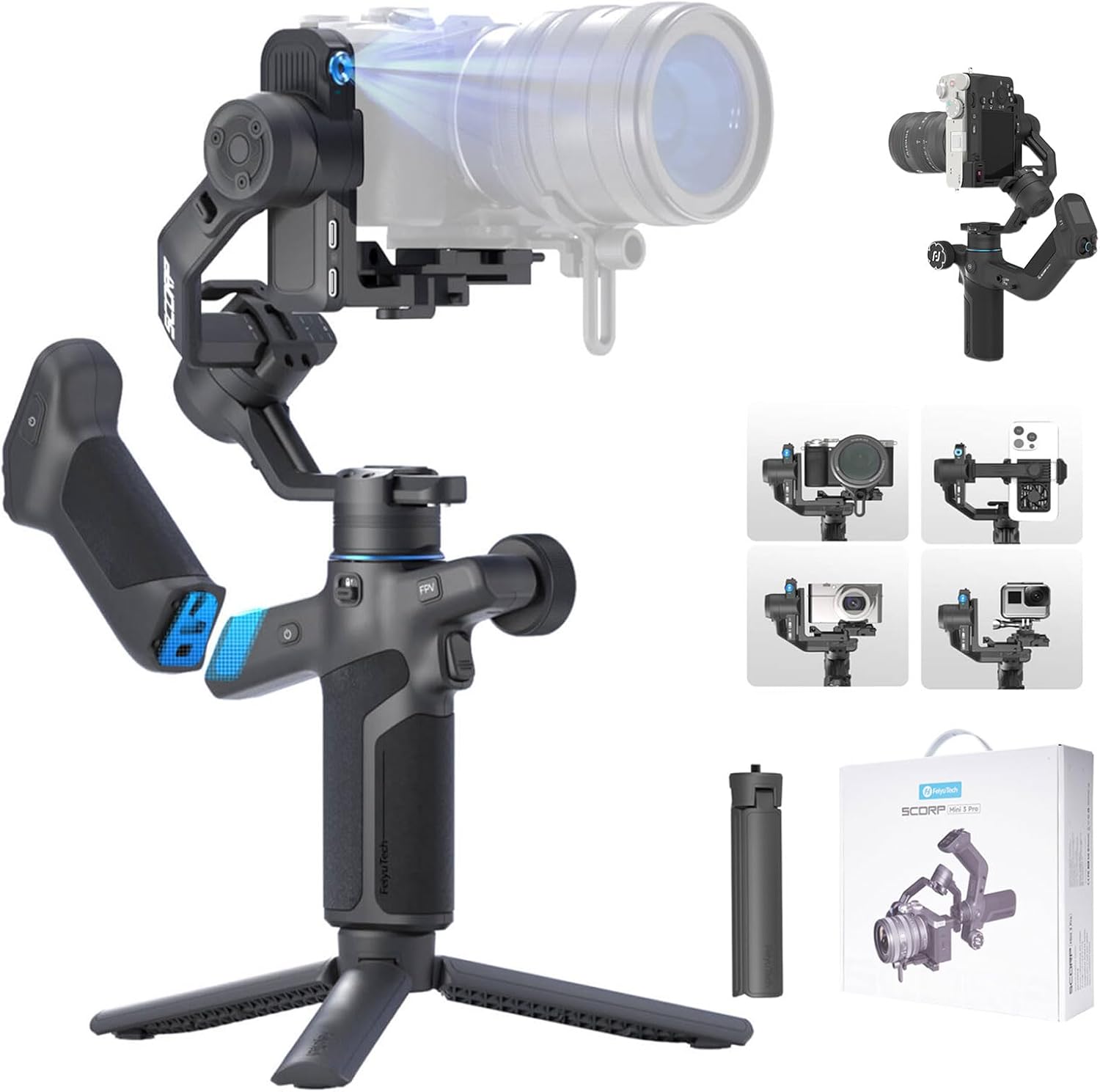 FeiyuTech SCORP Mini-3-Pro Estabilizador para cmaras sin Espejo Canon, Sony y Nikon, compactas y de accin, Smartphones, Seguimiento IA de 18m, Control Remoto Desmontable, Carga til de 2 kg