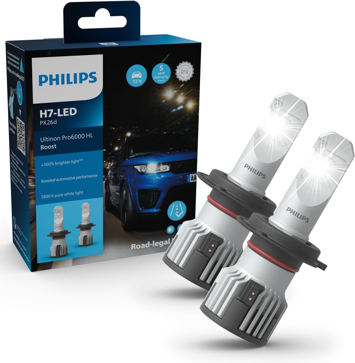 Philips automotive lighting Ultinon Pro6000 Boost H7 LED Boost lmpara LED homologada, 300% ms brillante, 5.800K, diseo compacto, juego de 2