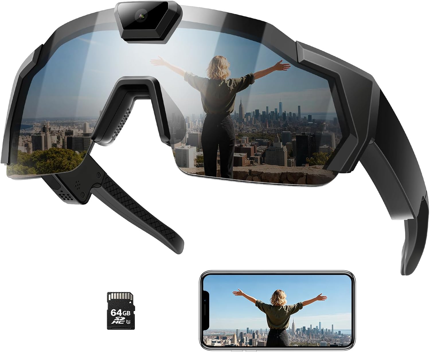 ZEYEHU Smart Camera Glasses for Action Sports, HD Video Recording Glasses with 64GB Memory, Action Audio Camera Sunglasses for Men Women Outdoor (Black)