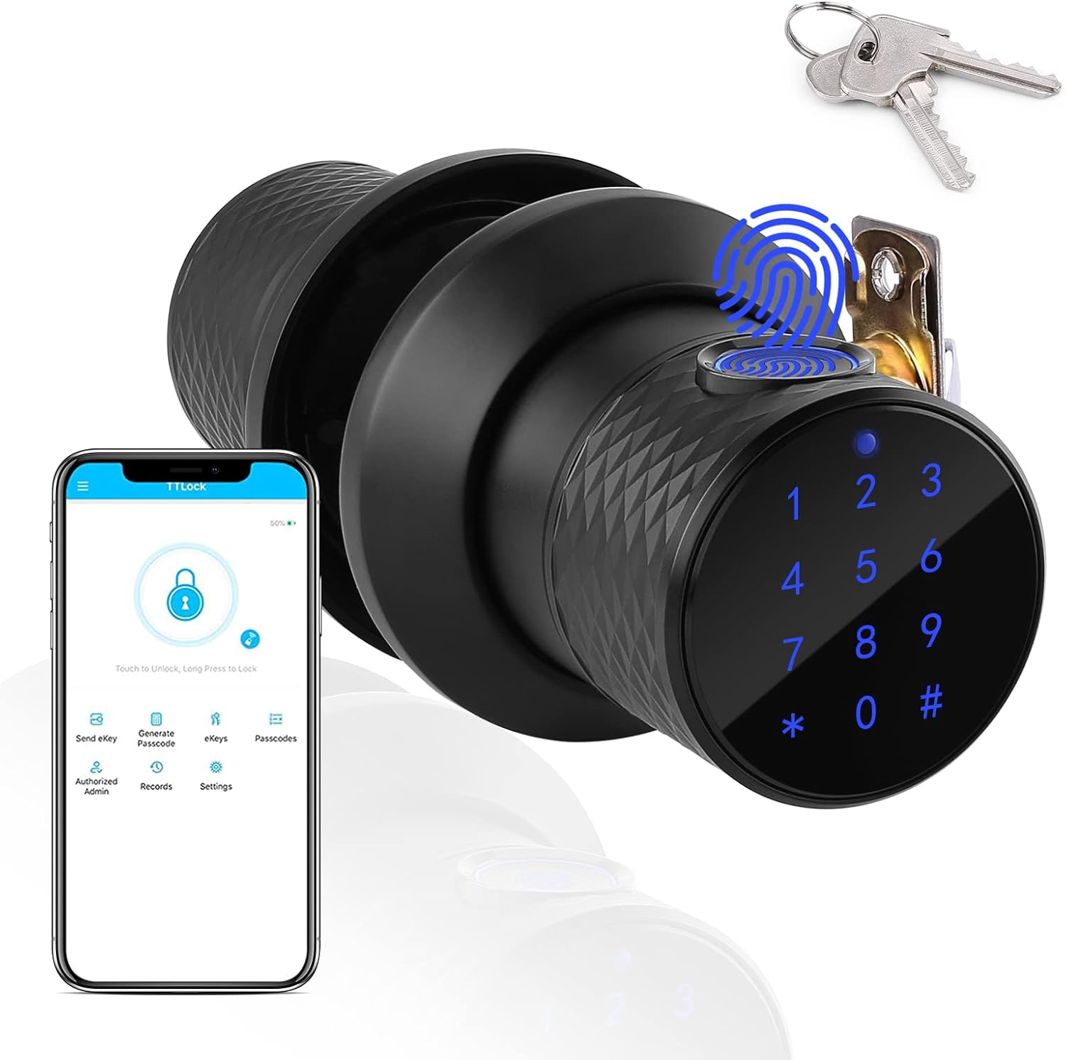 FITNATE Smart Door Knob, Electronic Knob, Smart Door Knob, APP Control, Bluetooth, Fingerprint, Security Guard for Home, Hotel, Office, Black