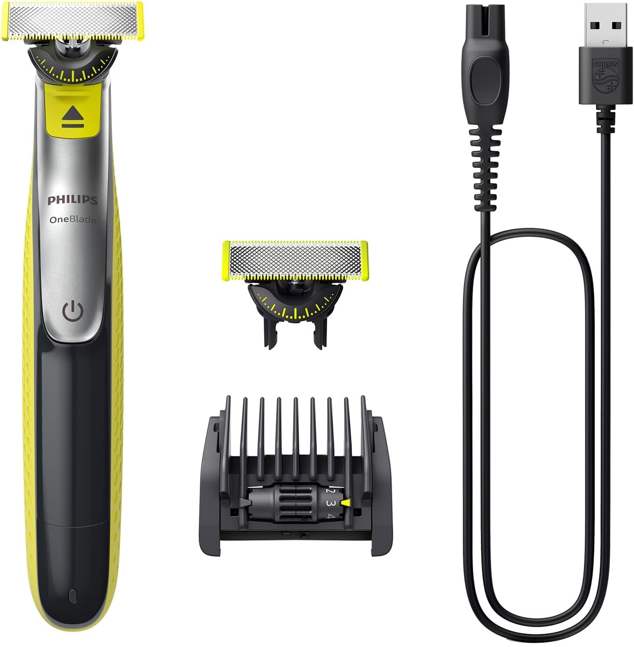 Philips OneBlade 360 - Maquinilla de Afeitar Hbrida, Barbero Elctrico y Afeitadora, 2 Cuchillas 360, Peine-Gua Ajustable 5 en 1 (modelo QP2734/30)