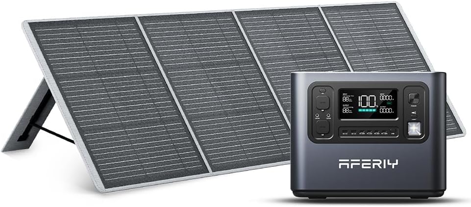 AFERIY - 1200W Portable Electric Generator with 200W Solar Panel, 1248Wh LiFePO4 Batteries, AC Outlets 220V-240V, Foldable Solar Panel with USB Ports, IP65, for Camping/Home/Home