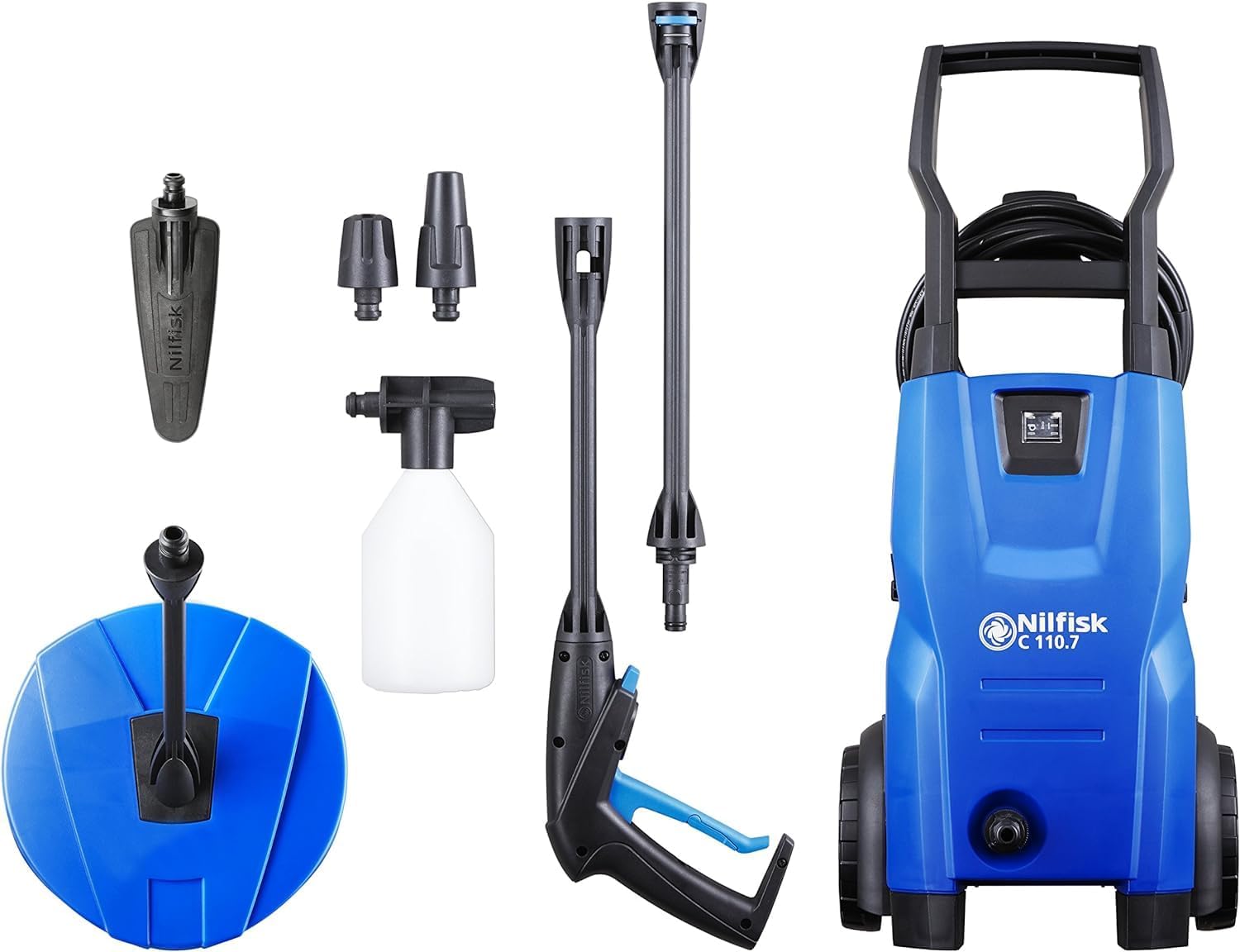 Nilfisk Hidrolimpiadora de Alta Presin C 110 Bares - Mini Limpiadora + Pulverizador de Espuma + Limpiador de Patios Compact + Cepillo (1400 W)