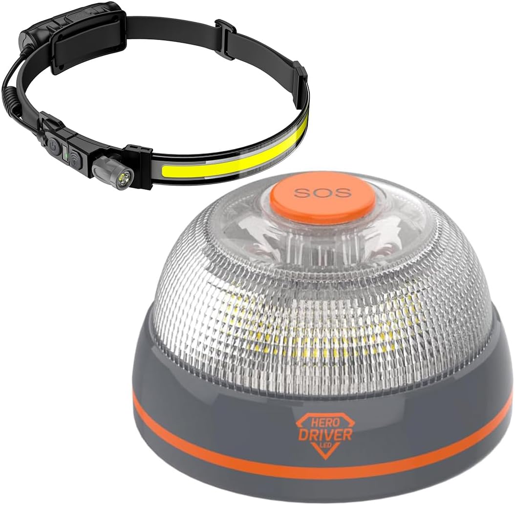Hero Driver LED Pack Baliza V16 Conectada Certificada DGT + Lmpara Frontal LED Recargable USB-C  Seguridad Vial 2026
