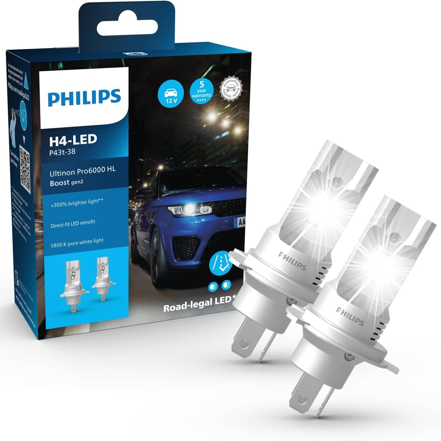 Philips Ultinon Pro6000 Boost gen2 Direct-fit H4-LED lmpara LED homologada*, +300% ms brillante**, 5.800K, juego de 2