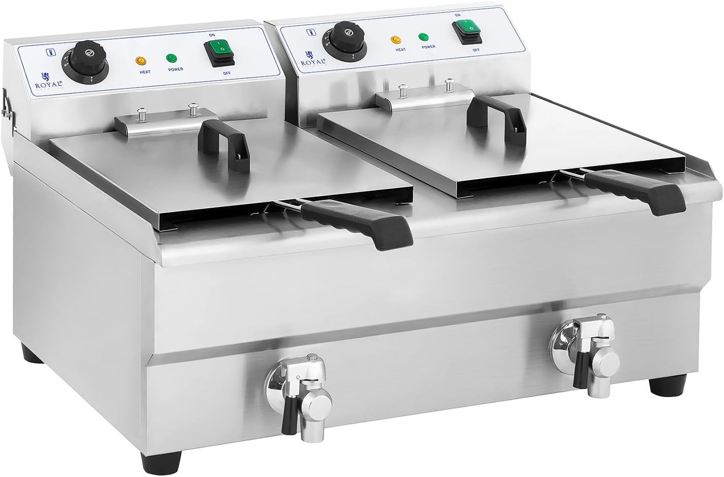 Royal Catering Freidora Electrica Profesional Doble RCEF 16DH-1 (2 x 16 L, 2 x 3 200 Watt, Termostato, 2 Grifos de vaciado, Acero inoxidable)