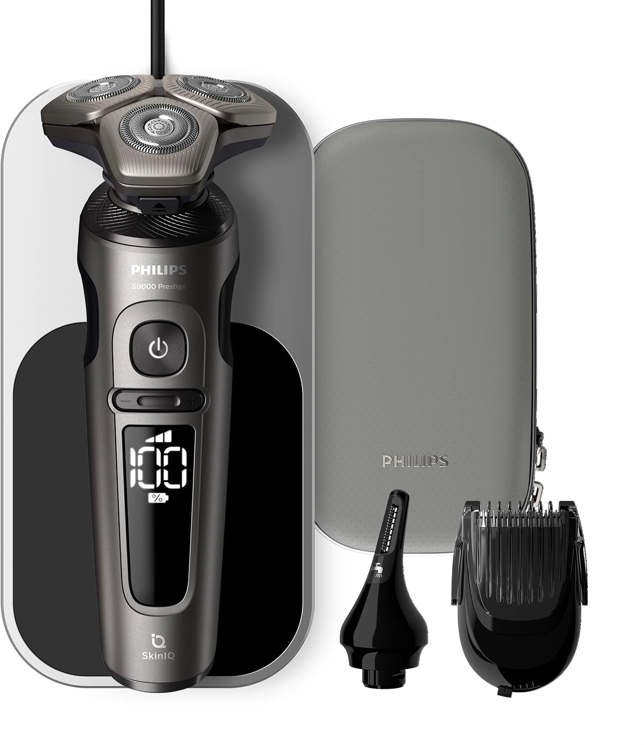 Philips Serie 9000 Prestige Afeitadora Elctrica Hombre, Mquina de Afeitar Barba con Barbero, 72 cuchillas, 60min de uso, En Seco y Hmedo, Recargable, Base Carga QI, Naricero, SP9871/22, Cromo