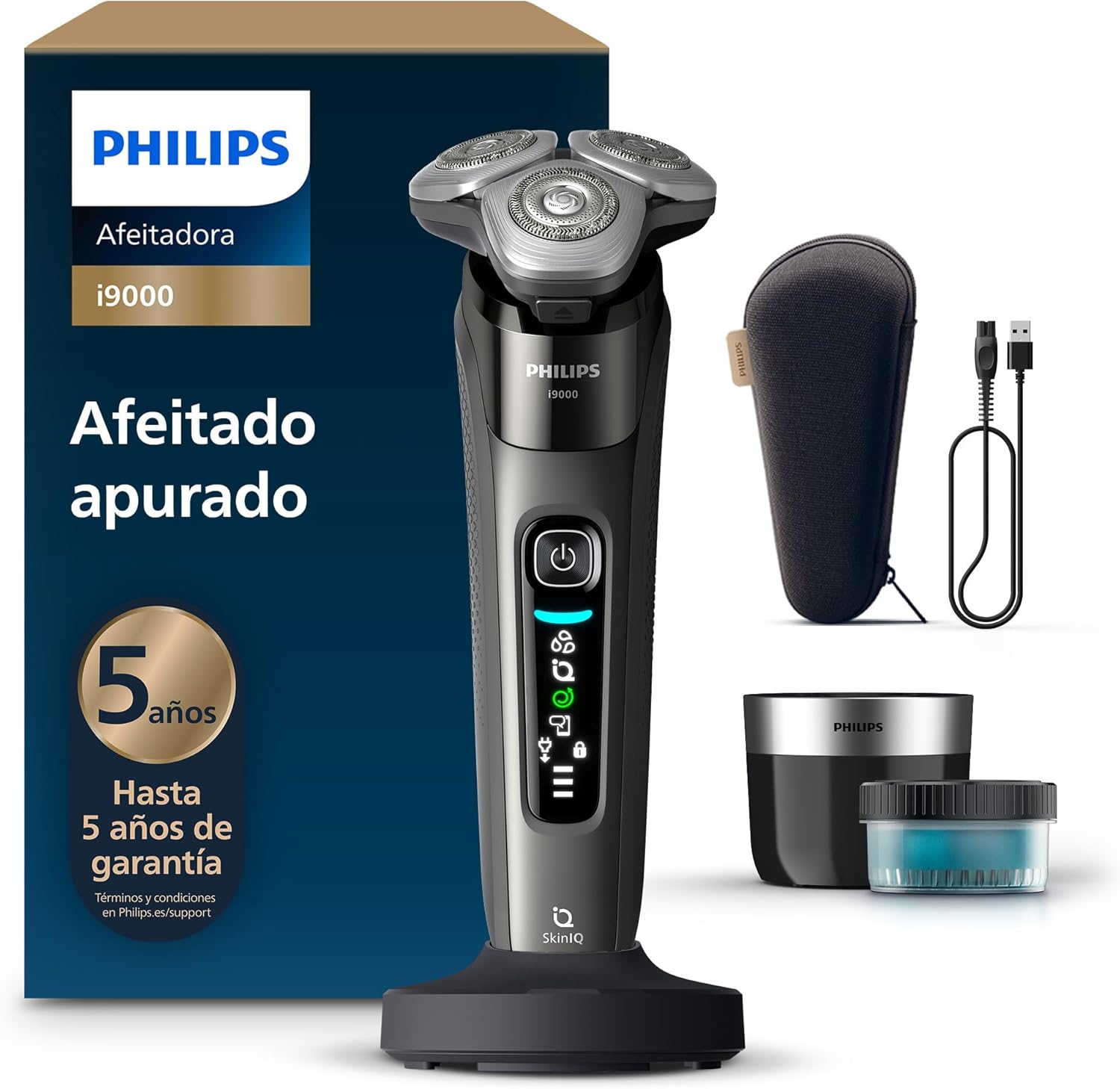 Philips i9000, Afeitadora Elctrica Hombre, Mquina de Afeitar Barba en Seco y Mojado, Tecnologa SkinIQ, Base de Carga, Recargable, Estuche de Viaje, Centro de limpieza, X9002/30