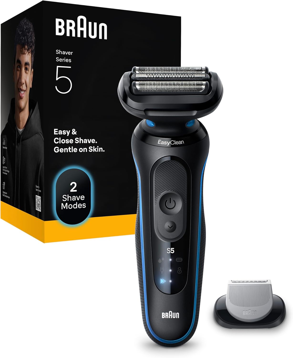 Braun Afeitadora Elctrica Hombre Series 5, Mquina De Afeitar Barba En Seco Y En Mojado, 2 Modos De Afeitado, 50 Min De Uso, Cabezal De Recortadora Corporal, Estuche De Viaje, 52-B1600S, Azul