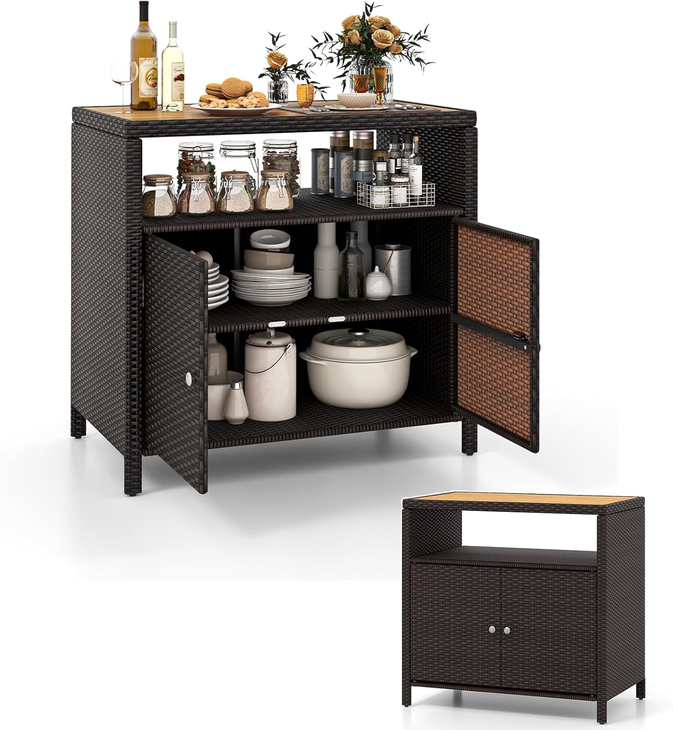 KOMFOTTEU Armario de Jardn de Ratn, Aparador con Encimera de Madera de Acacia, Cobertizo de Mimbre con 2 Puertas y Estante Abierto, Mueble de Almacenaje Exterior Terreza, 90 x 53 x 86 cm (Marrn)