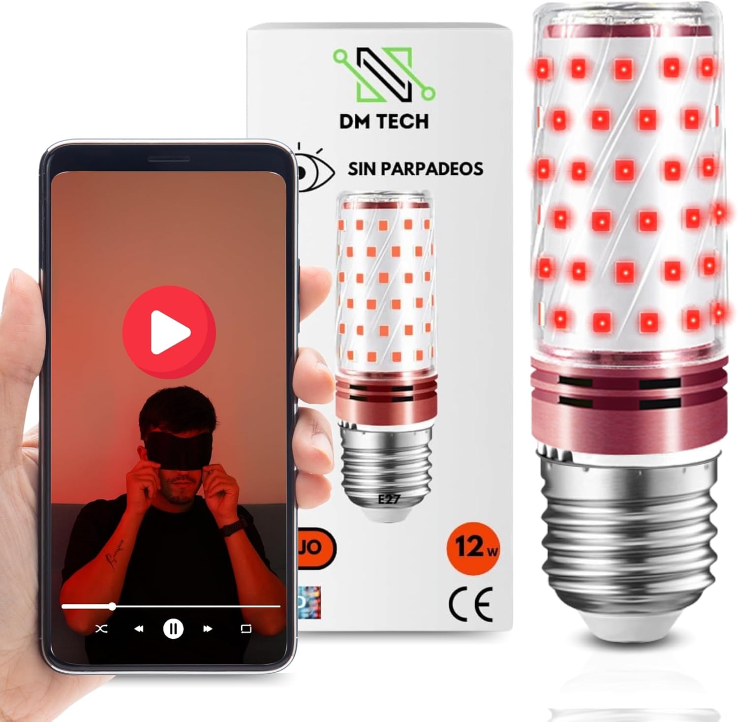 DM TECH PACK Luz Roja Nocturna Melatonina Rosca E27 + Video Tcnicas Sueo Bombilla Roja Terapia para Dormir - Tecnologa Flicker Free 0% Luz Azul Instalacin Fcil