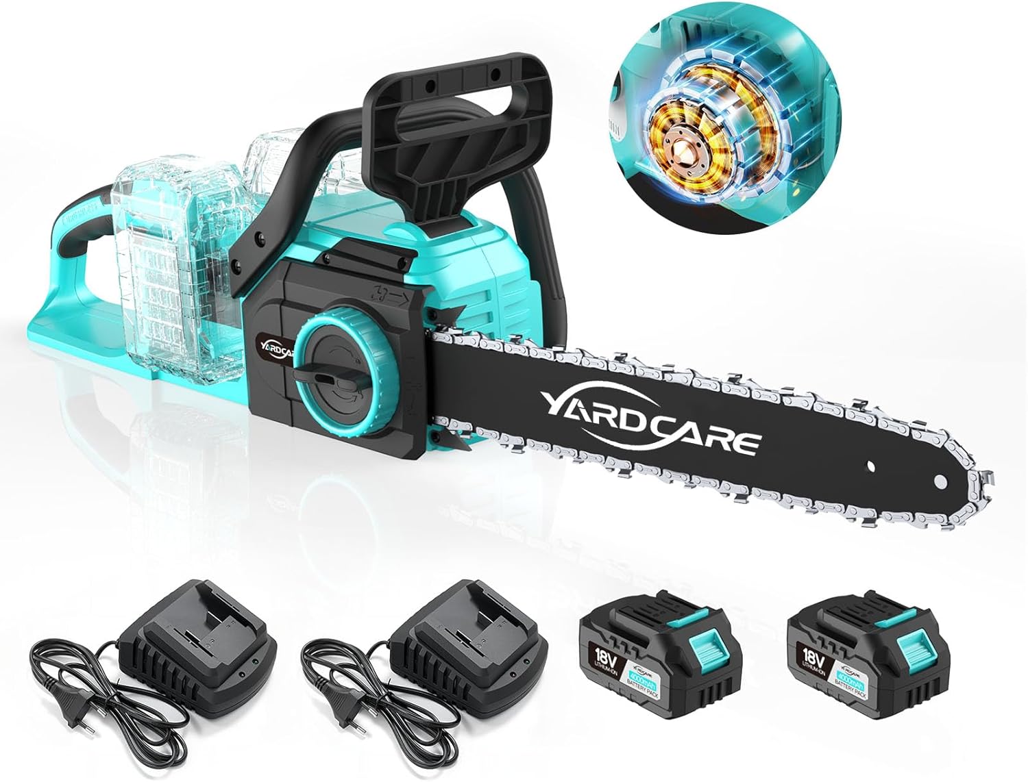YARDCARE Motosierra con batera de 16 pulgadas con pantalla LED, 2 bateras YARDCARE de 4 Ah, tensin de cadena sin herramientas, motosierra con velocidad de cadena de 20 m/s, con indicador de nivel