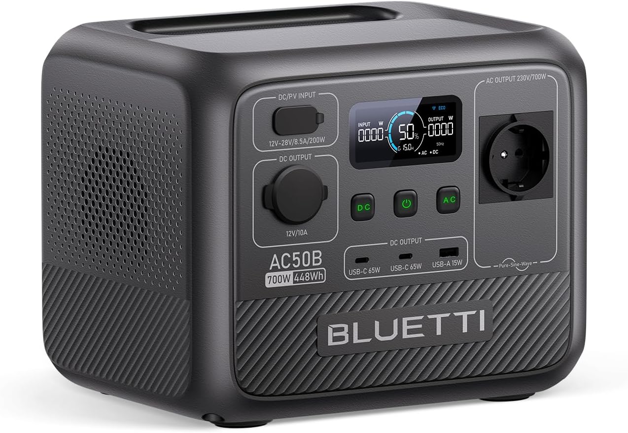 BLUETTI AC50B Generador Solar, Respaldo de Batera LiFePO4 de 448Wh, Salida de CA de 700W (Pico de 1000W), Salida PD USB-C de 65W, Generador para Camping, Emergencia, Viajes (panel solar opcional)
