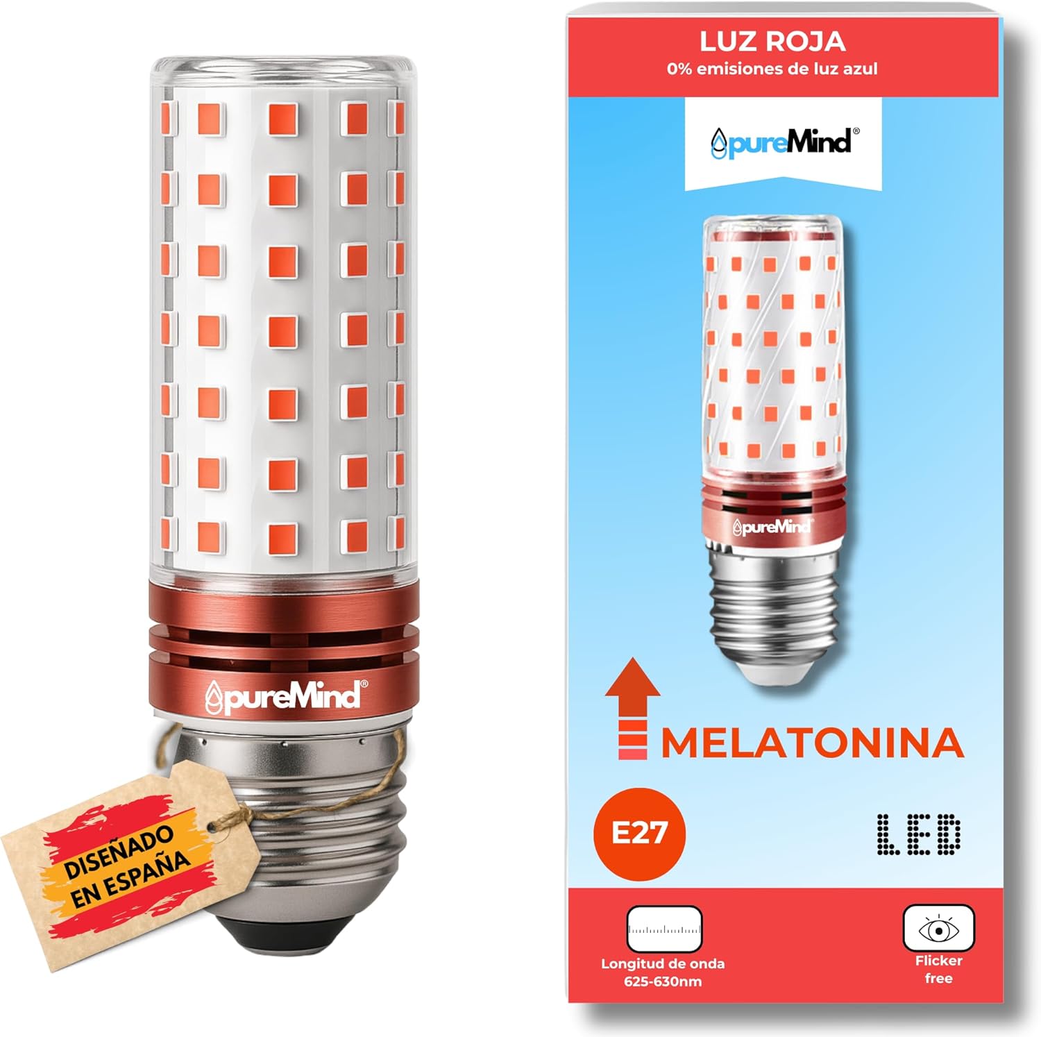 Puremind Luz Roja Nocturna Melatonina E27 - Bombilla Roja Terapia para Dormir - Tecnologa Flicker Free + 0% Luz Azul + Rosca Estndar + Mejora del Ritmo de Descanso