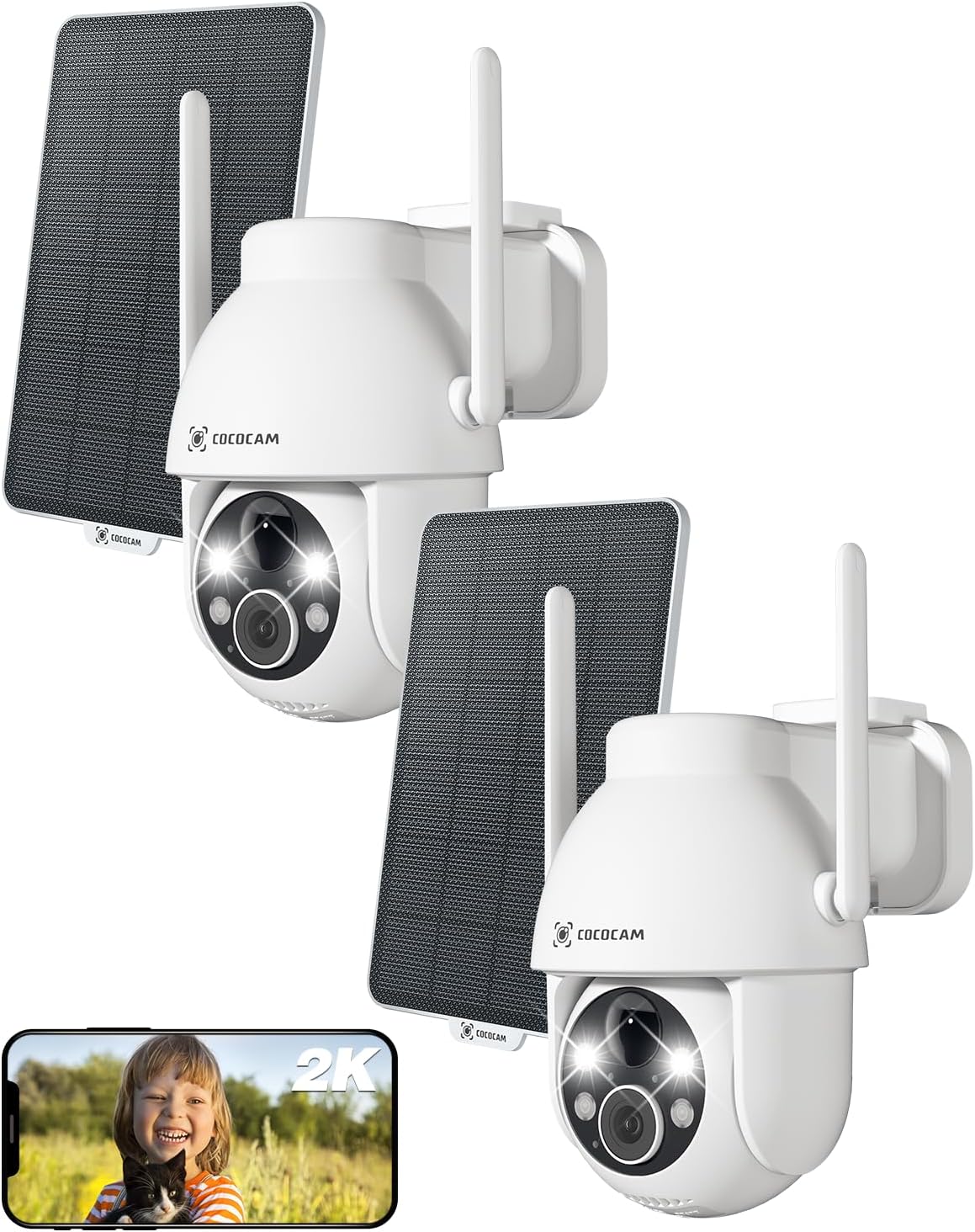 COCOCAM 2PCS 2K Cmara Vigilancia WiFi Exterior con Panel Solar, PTZ Batera, Visin Nocturna a Color, AI Reconocimiento, PIR Deteccin, Cloud