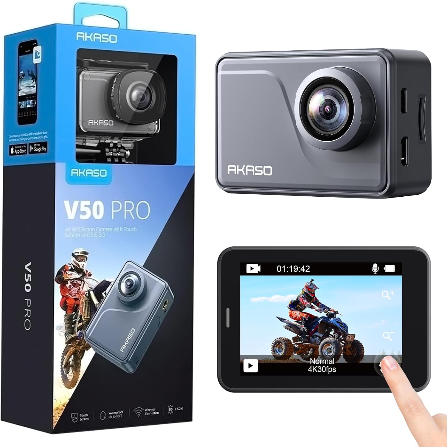 AKASO V50 Pro Camera Sport 4K 30fps 20MP WiFi  Camera 4K Waterproof Ultra HD EIS Stabilizer with Remote Control Adjustable Wide Angle Touch Screen  Underwater Sports Camera 40M and Kit