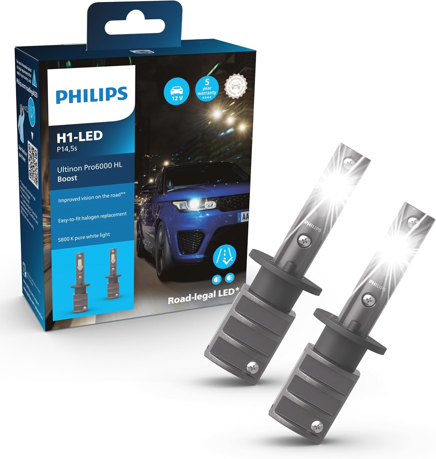 Philips Ultinon Pro6000 Boost H1-LED lmpara LED homologada*, 5.800K, juego de 2