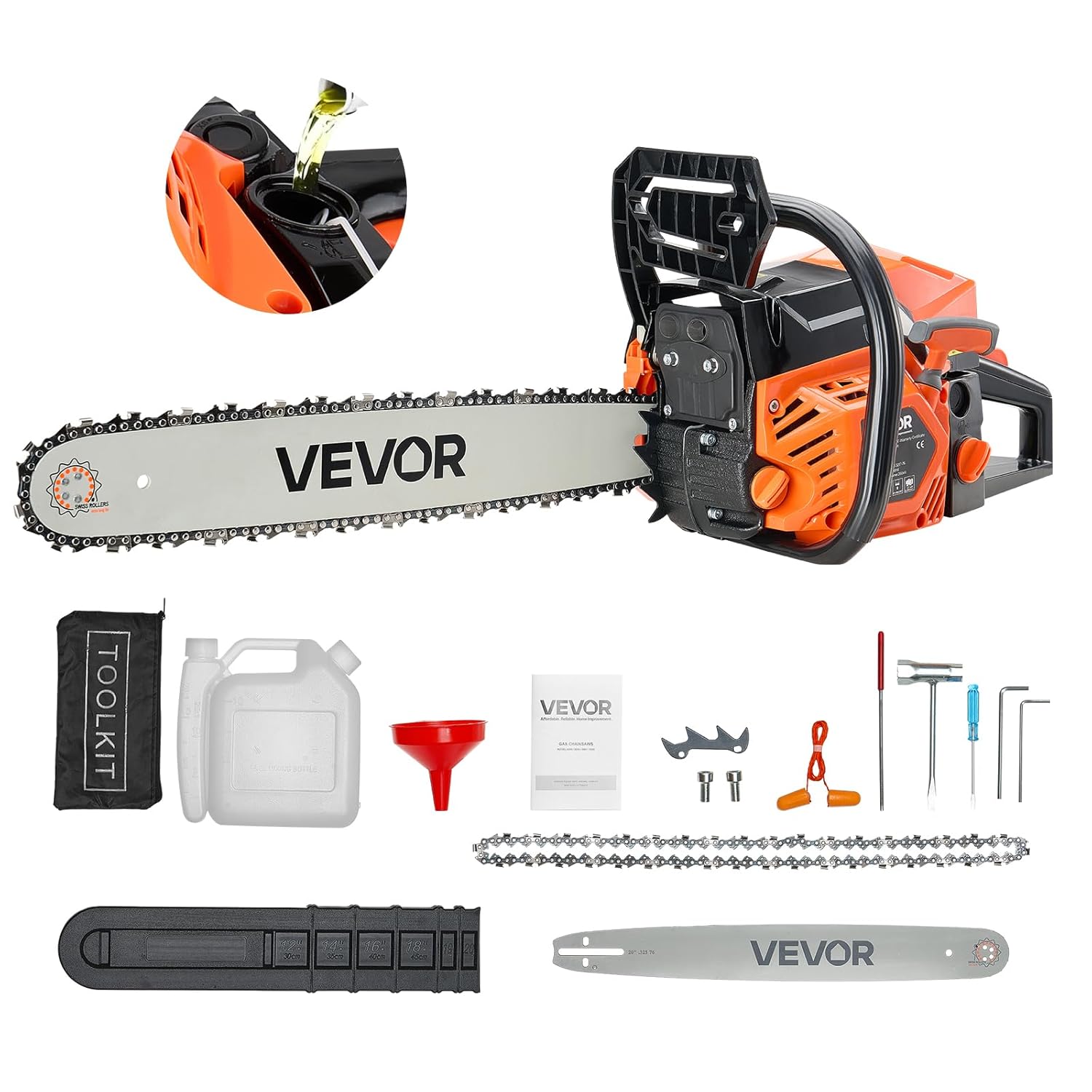 VEVOR 508mm Petrol Chainsaw 58cc 2.7HP Petrol Chainsaw with Non-Slip Handle, Dual Fuel Tank Ideal for Wood Cutting, Tree Trimming and Cleaning Grounds