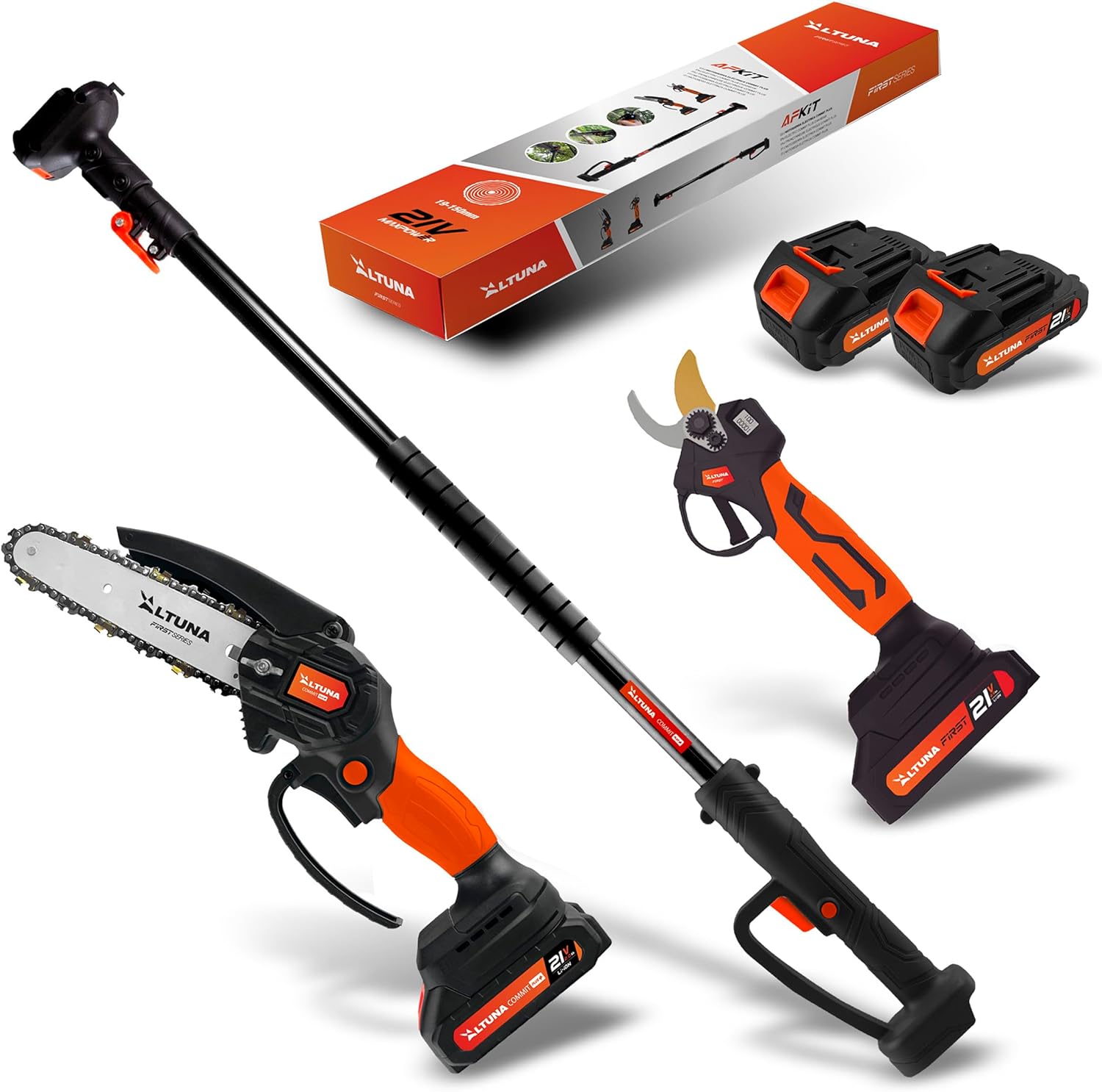 Altuna Kit de Poda a Batera de Titanio - Motosierra a Batera + Tijeras de Podar Elctricas + Prtiga Telescpica para Poda en Altura hasta 3,7 Metros - Incluye 2 Bateras - con Cargador y Gafas
