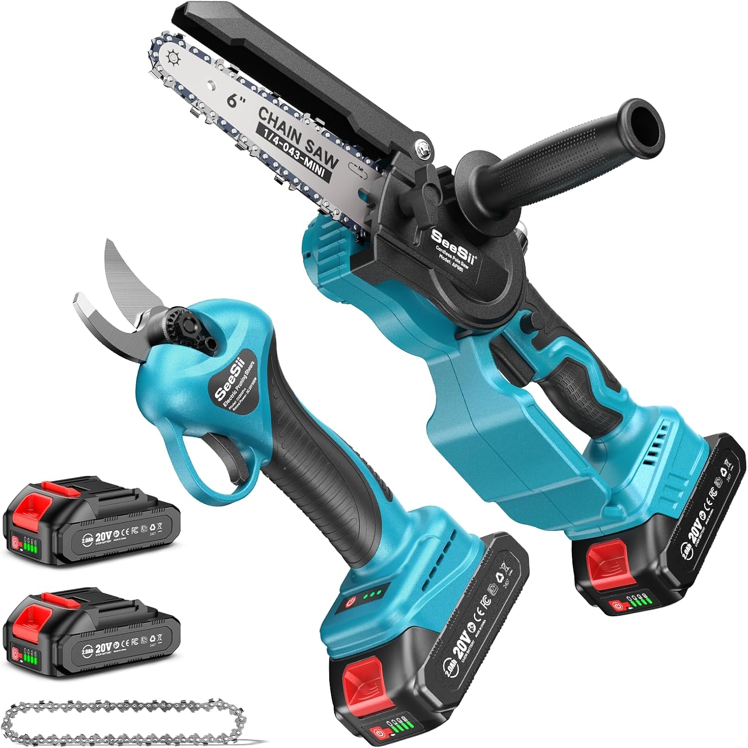 SEESII 6 Inch Mini Battery Chainsaw & 33mm Electric Pruning Shears, 2-in-1 Garden Tools Kit with 22000mAh Batteries, Brushless Motor, Ideal for Cutting Logs and Branches