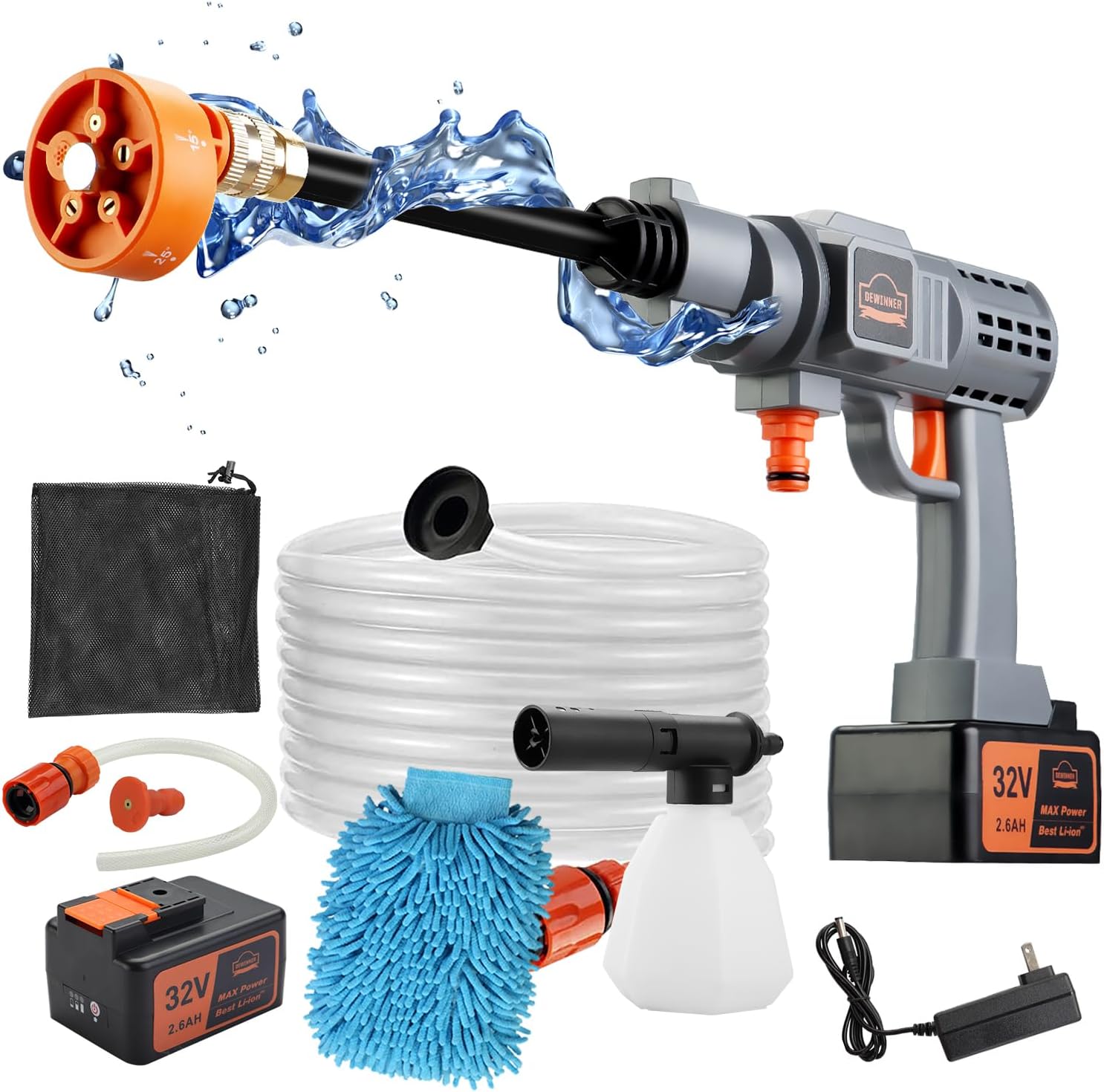 DEWINNER Pistola de Alta Presin Porttil Batera 32V, MAX 580 PSI Kit de Pistola de Lavado elctrico con Batera de 2.6Ah y Boquilla Giratoria, Ideal para Coche, Patio, Ventana, Jardn