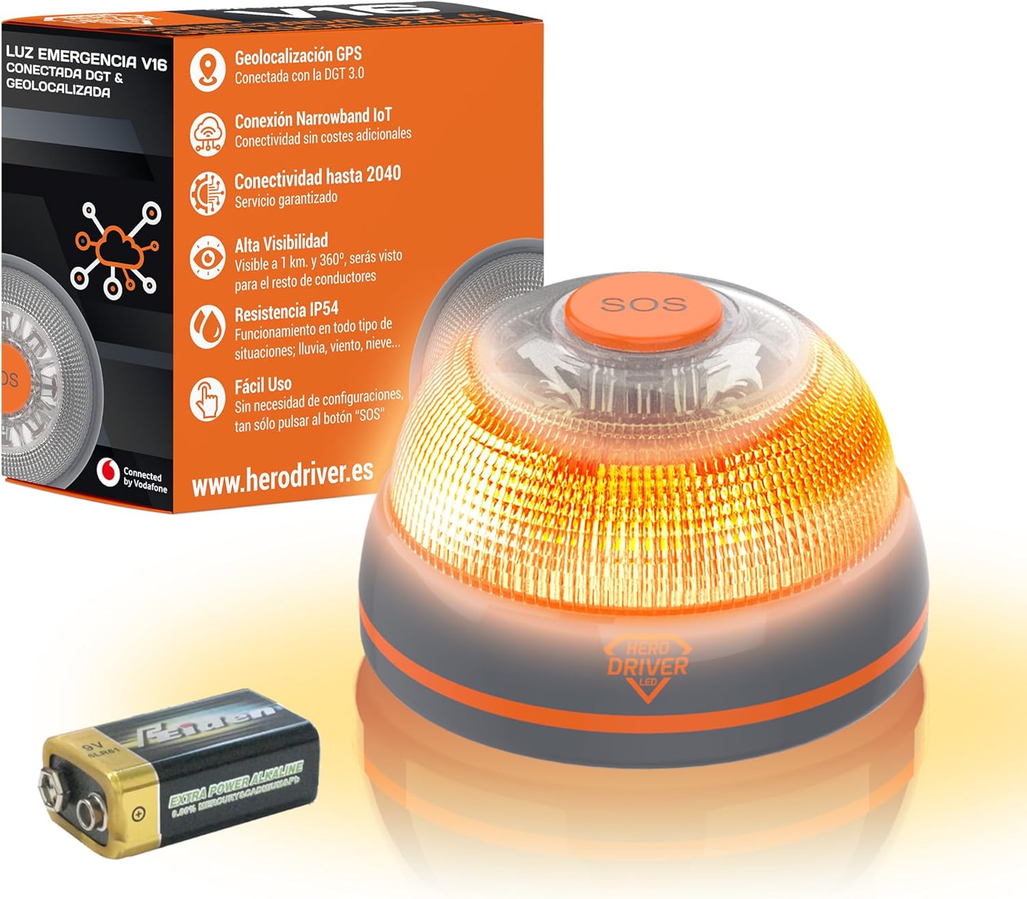 Hero Driver LED Baliza V16 Conectada y Geolocalizada Certificada DGT 3.0  Sin cuotas hasta 2040  Luz Emergencia coche - Uso obligatorio en Espaa  Tarjeta Vodafone SIM incluida gratis