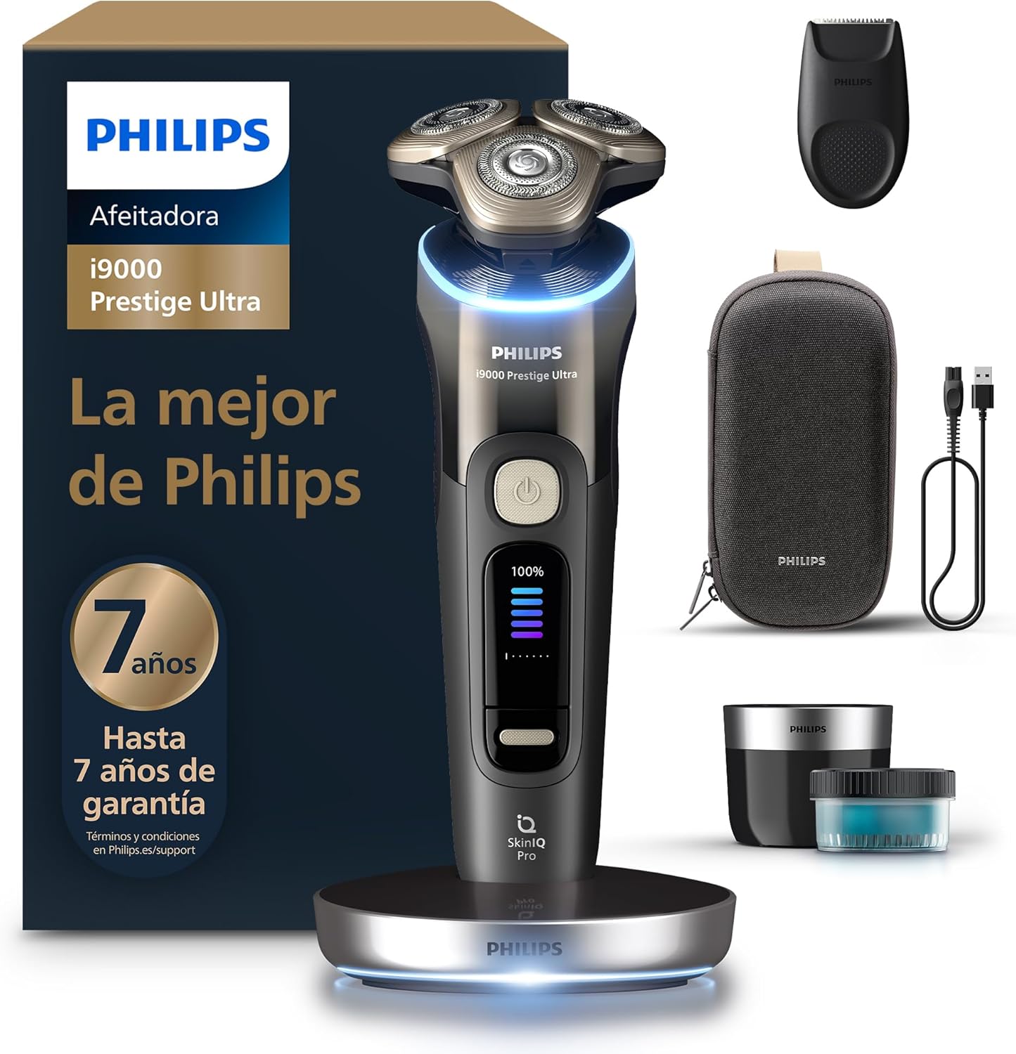 Philips i9000 Prestige Ultra, Afeitadora Elctrica Hombre, Mquina de Afeitar Barba en Seco y Mojado, Tecnologa SkinIQ Pro, Base de Carga, Recargable, Estuche Premium, Centro de limpieza, XP9405/31