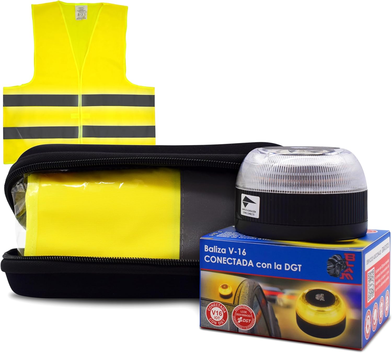 Kit Baliza V16 Geolocalizable Homologada por la DGT y Chaleco Reflectante para Coche Homologado - Kit de Luz de Emergencia Homologado Baliza V16 Estuche y Chaleco Reflectante - Kit Emergencia Coche