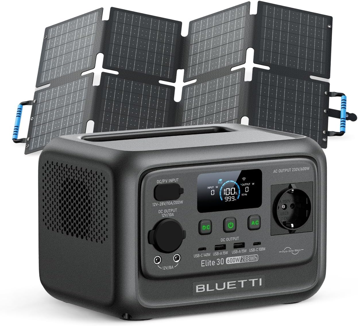 BLUETTI Elite 30 V2 Solar Generator with 60W Solar Panel (Sent Separately), 288Wh LiFePO4 Portable Power Station, 600W AC Outlet (1500W Peak), for Camping, Home Use and Emergencies