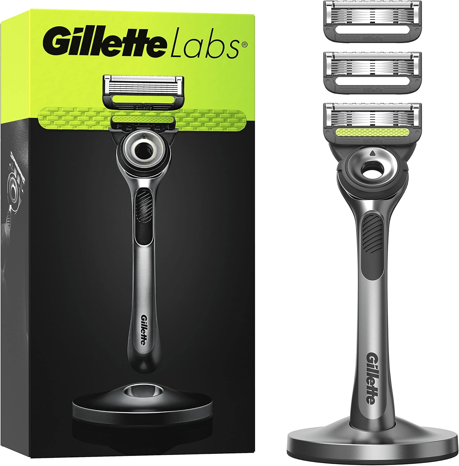 GilletteLabs Con Barra Exfoliante, Afeitadora Para Hombre De Gillette, 1 Mango, 3 Recambios De Cuchillas, Con Soporte Magntico Premium